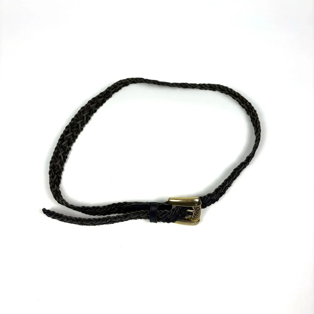 VTG 80s Chic Brand Braided Genuine Leather Belt Womans Sz L Navy Blue‎ Gold Tone